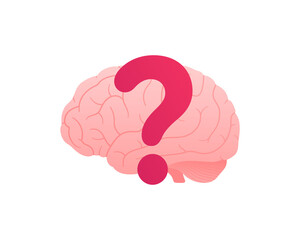 Mind, think, psychology and mental disease concept. Vector flat color icon illustration. Brain silhouette with red question mark sign. Doubt, brainstorm and alzheimer symbol. Design element.