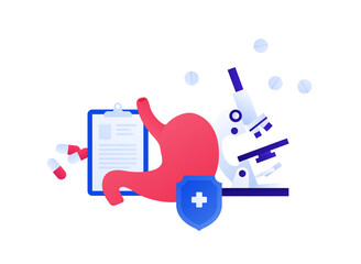 Stomach check and gastrology concept. Vector flat illustration. Digestive system, microscope, pill medicine and shield protection symbol. Design element for health care, education, science.