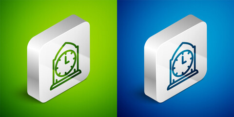 Isometric line Clock icon isolated on green and blue background. Time symbol. Silver square button. Vector