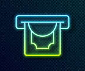 Glowing neon line ATM - Automated teller machine and money icon isolated on black background. Vector