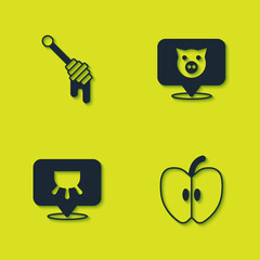 Set Honey dipper stick, Apple, Udder and Pig icon. Vector