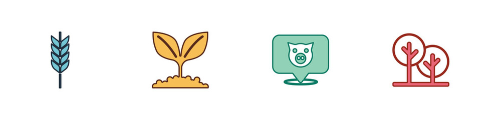 Set Wheat, Plant, Pig and Tree icon. Vector