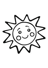 Smiling cute sun shining bright rays.Black Vector Cartoon Silhouette Outline Kawaii Line Art Drawing Illustration.Plotter cutting.Vinyl wall sticker decal.Laser cut.Coloring pages for kids.DIY.Weather