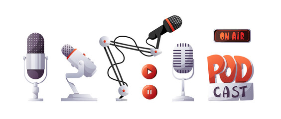 Microphones, podcast elements. Podcast, Streaming, Online show, blogging, radio broadcasting concept. Isolated vector illustration for poster, banner, advertising.