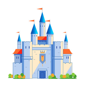 Medieval castle tower. Fairy tail, king fortress castle and fortified palace with gate. Cartoon vector illustration isolated on white background.