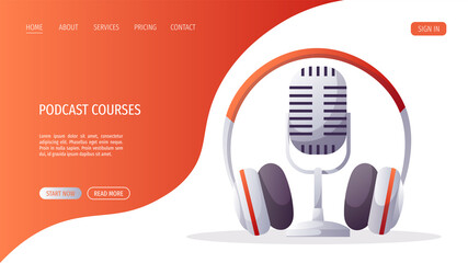 Microphone with headphones. Podcast, Streaming, Online show, blogging, radio broadcasting concept. Vector illustration for website, poster, banner, advertising.