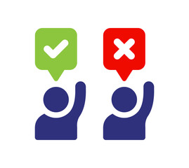 Two person vote by raised hand with speech bubble agree and disagree. Vector icon illustration.