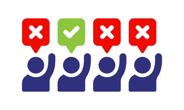 Raised hands vote with one person in minority saying Yes. Three persons reject the decision. Voting politic concept vector icon.