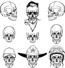 vector skulls set, monogram, graphic illustration, side and front view, clip art