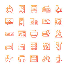 Set of Computer and Hardware icons with gradient style.