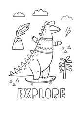 Obraz premium Cute cartoon dino on a skateboard in doodle style. Dinosaur coloring page