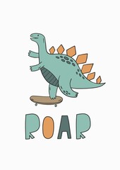 Naklejka premium Cute cartoon dino on a skateboard in doodle style. Dinosaur summer print