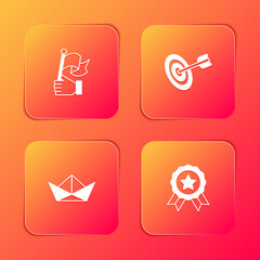 Set Hand holding flag, Target, Folded paper boat and Medal icon. Vector