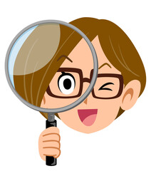 笑顔で虫眼鏡を構える眼鏡をかけた女性
