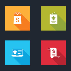 Set Salt, Cookbook, Online ordering and delivery and Paper financial check icon. Vector