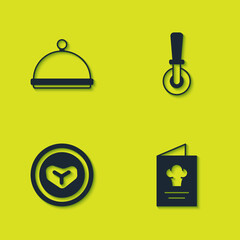 Set Covered with tray, Cookbook, Steak meat on plate and Pizza knife icon. Vector