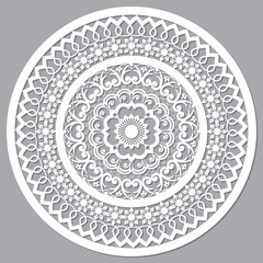 Openwork mandala vector mandala styled as Moroccan wood panels, round arabic pattern in white on gray background