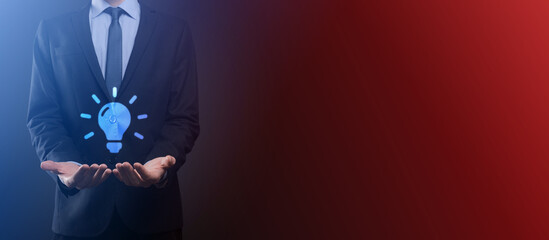 Hand holding light bulb. Smart idea icon isolated. Innovation, solution icon. Energy solutions. Power ideas concept. Electric lamp, technology invention. Human palm. Business inspiration.