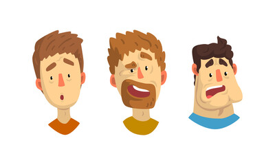 Man Head Showing Facial Expression with Raised Eyebrows and Open Mouth Vector Set