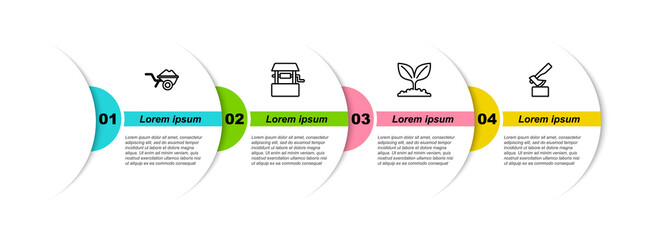 Set line Wheelbarrow with dirt, Well, Plant and Wooden axe. Business infographic template. Vector