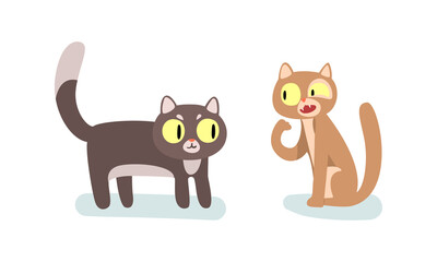Comic Cat as Four-footed Domestic Pet Animal Sitting and Standing Vector Set
