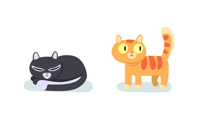 Comic Cat as Four-footed Domestic Pet Animal Curling Up and Standing Vector Set