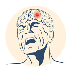Man is in headache with grimace of anguish on his face. Suited for  ache medicine packaging. Vector illustration. Healthcare poster or banner template.