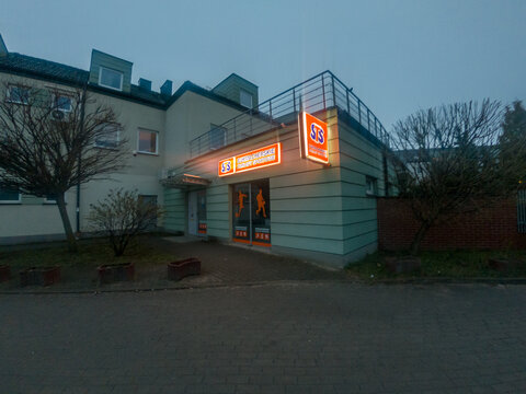 Pruszcz Gdanski, Poland - April 12, 2021: STS sports betting company in the evening.