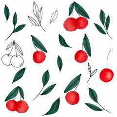 Watercolor red cherry and leaves collection. Illustration on white background.