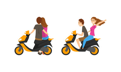 Loving Couple on Scooter Embracing and Riding Vector Set