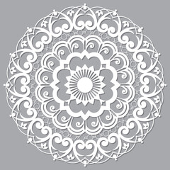 Moroccan Moorish  vector mandala, openwork arabic pattern with shadow in white on gray background
