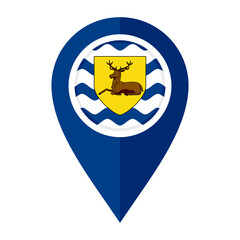 Obraz premium flat map marker icon with hertfordshire flag, isolated on white background 