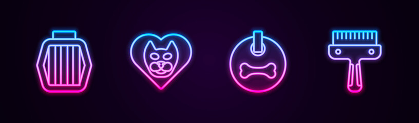 Set line Pet carry case, Heart with cat, Dog collar and Hair brush for dog and. Glowing neon icon. Vector
