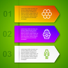Set line Honeycomb, Hive for bees and Beekeeper with protect hat. Business infographic template. Vector