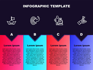 Set line Folded paper boat, Target, Chess and Mountains with flag. Business infographic template. Vector