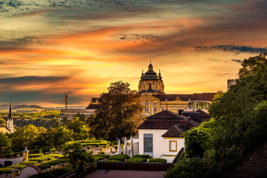 View of Melk town from the entrance of Stift Melk. Wachau valley. Lower Austria. © Sergey Fedoskin