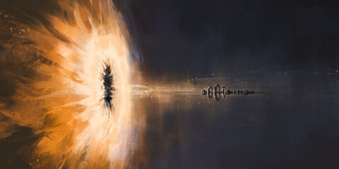 The scene of a black hole devouring a spaceship, digital painting, 3D illustration. - 428100559
