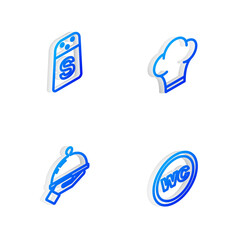 Set Isometric line Chef hat, Salt, Covered with tray of food and Toilet icon. Vector