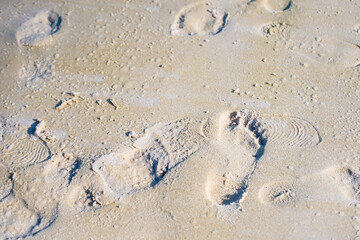 Texture background Footprints of human feet on the sand near the water on the beach