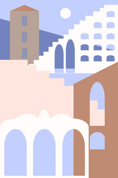 Minimalist Aesthetic View Of The Old City With Stairs And Houses. Boho Abstract Design For Souvenir Shops, Travel Agency Advertising, Modern Poster, Etc.