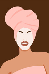 Portrait of young happy woman with a mask on her face. Pretty girl in a wrapped white towel on her head. vector flat illustration