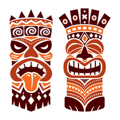 Obraz premium Tiki statue pole totem vector design - traditional decor set from Polynesia and Hawaii, tribal folk art background in brown 