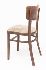 Wooden chair from turn of 70's and 80's from previous century with soft seat. Polish design and production. View from the side