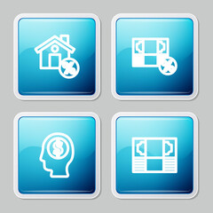 Set line House with percant discount, Money percent, Business man planning mind and Stacks paper money cash icon. Vector
