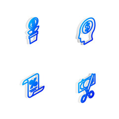 Set Isometric line Business man planning mind, Dollar plant, Finance document and Scissors cutting money icon. Vector