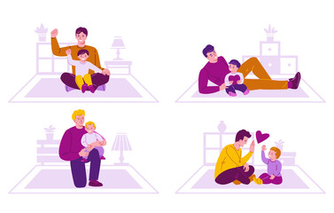Set of concept of spending time together father and children. Family on the background of the interior of the room. Vector illustration in flat cartoon style.