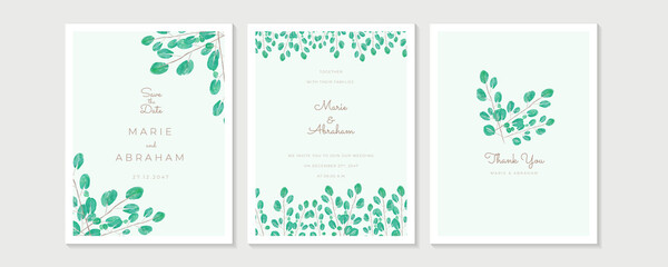 Fototapeta na wymiar Set of card with green flower and leaves. Wedding ornament concept. Floral poster, invite. Vector decorative greeting card or invitation design background