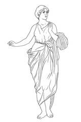 An ancient Greek young woman in a tunic and cape stands looks away and gestures.