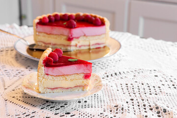 close up of Charlotte red berries pastry for special occasion birthday, party tea and coffee time in the afternoon.