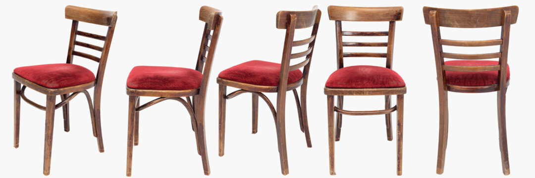 Set of wooden chairs from turn of 70's and 80's from previous century with soft red seat. Polish design and production. View from each side